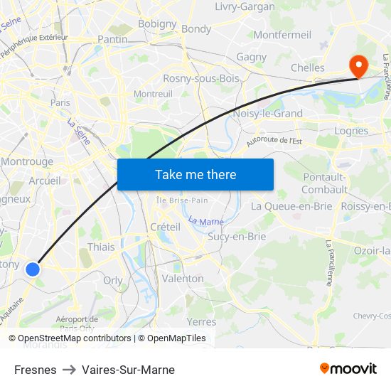 Fresnes to Vaires-Sur-Marne map