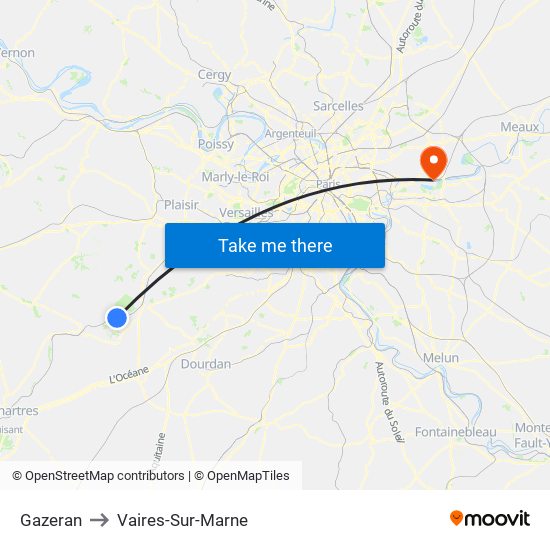 Gazeran to Vaires-Sur-Marne map