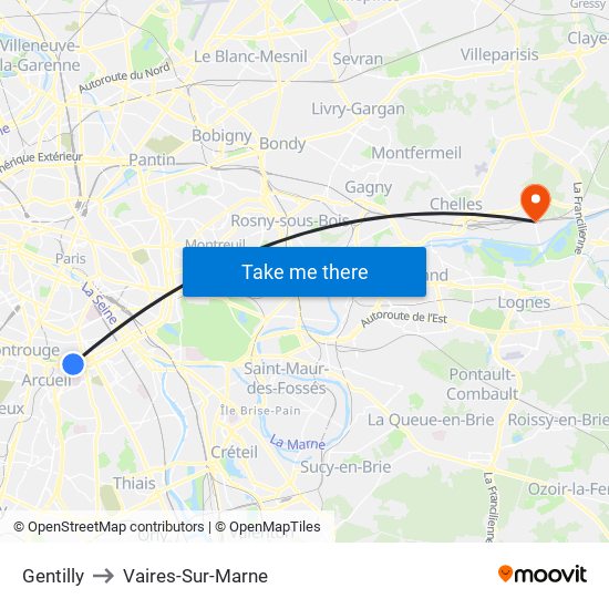 Gentilly to Vaires-Sur-Marne map