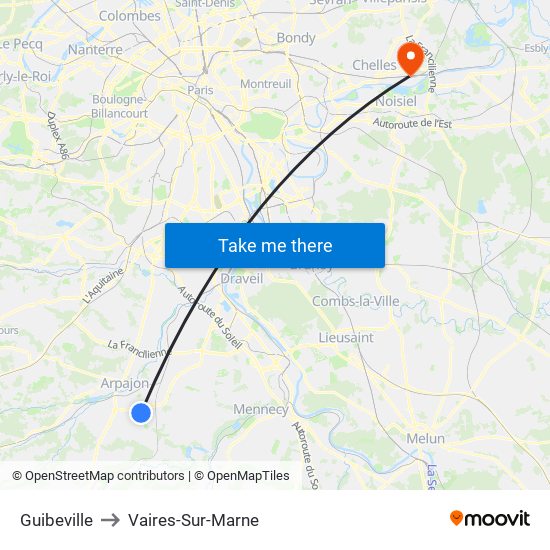 Guibeville to Vaires-Sur-Marne map