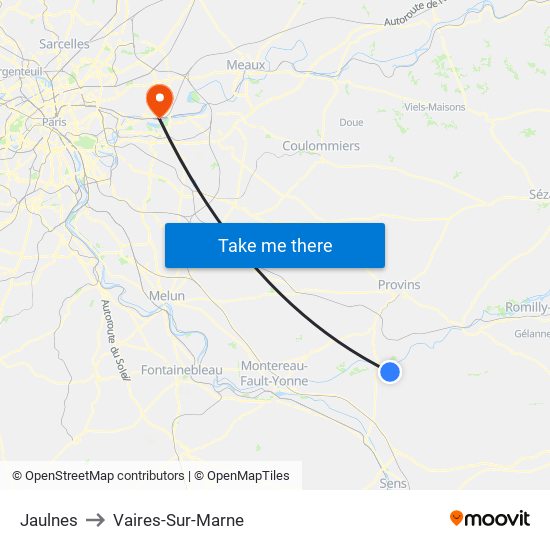 Jaulnes to Vaires-Sur-Marne map