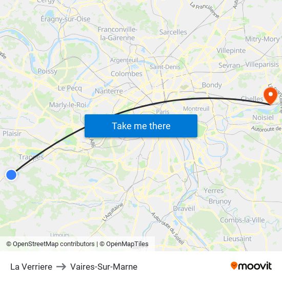 La Verriere to Vaires-Sur-Marne map