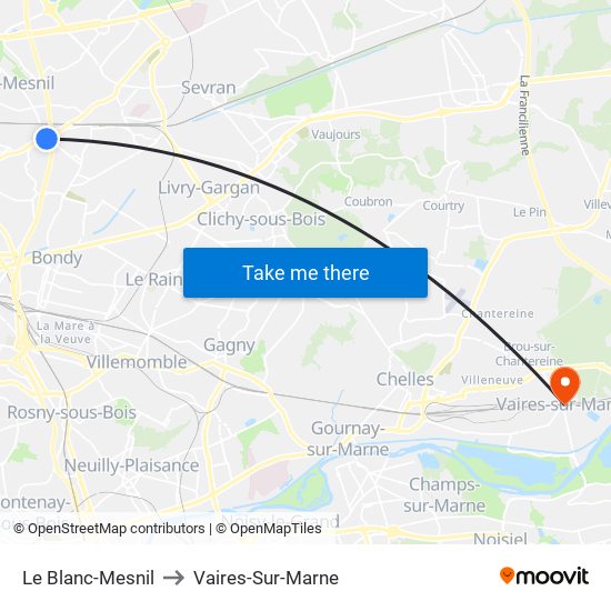 Le Blanc-Mesnil to Vaires-Sur-Marne map