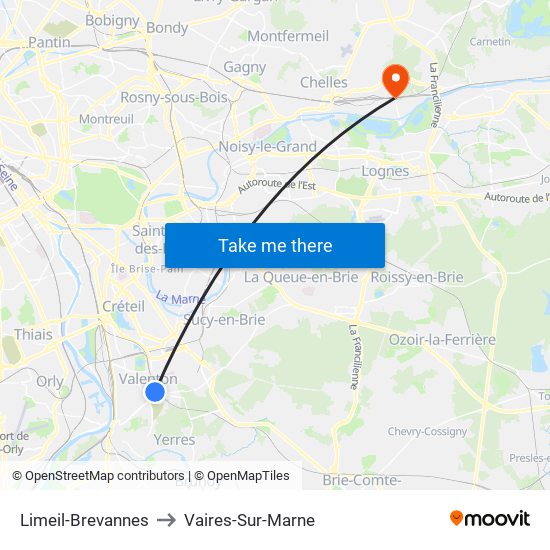 Limeil-Brevannes to Vaires-Sur-Marne map