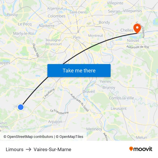 Limours to Vaires-Sur-Marne map