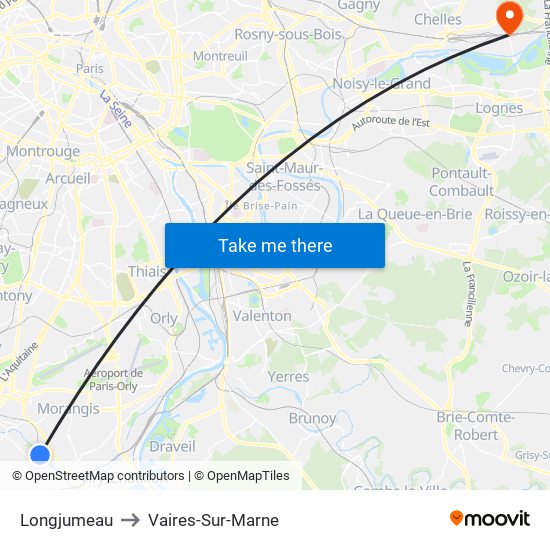 Longjumeau to Vaires-Sur-Marne map