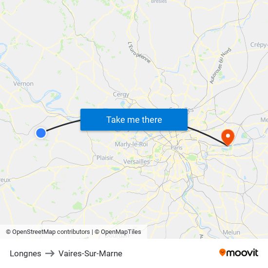 Longnes to Vaires-Sur-Marne map