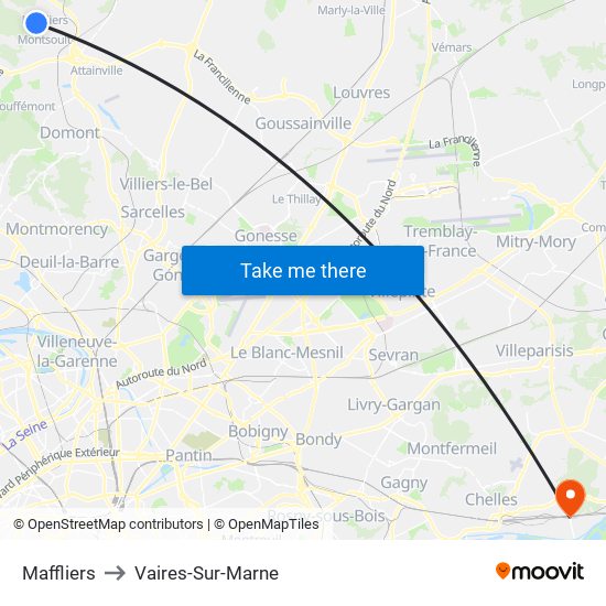 Maffliers to Vaires-Sur-Marne map