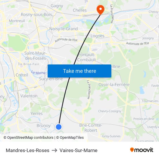 Mandres-Les-Roses to Vaires-Sur-Marne map