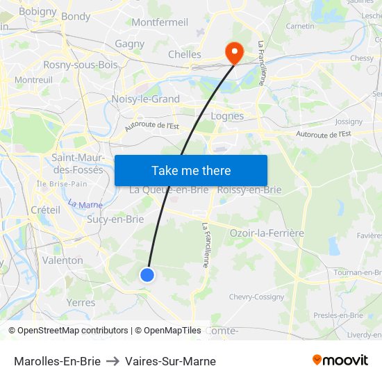 Marolles-En-Brie to Vaires-Sur-Marne map