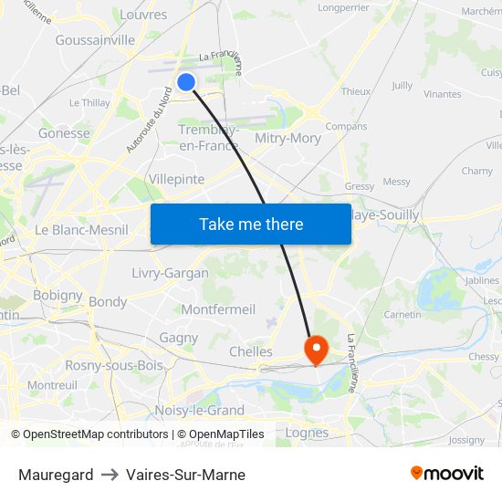 Mauregard to Vaires-Sur-Marne map