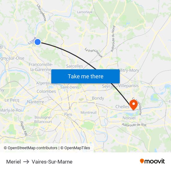 Meriel to Vaires-Sur-Marne map