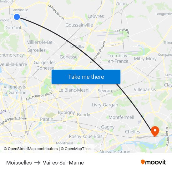 Moisselles to Vaires-Sur-Marne map