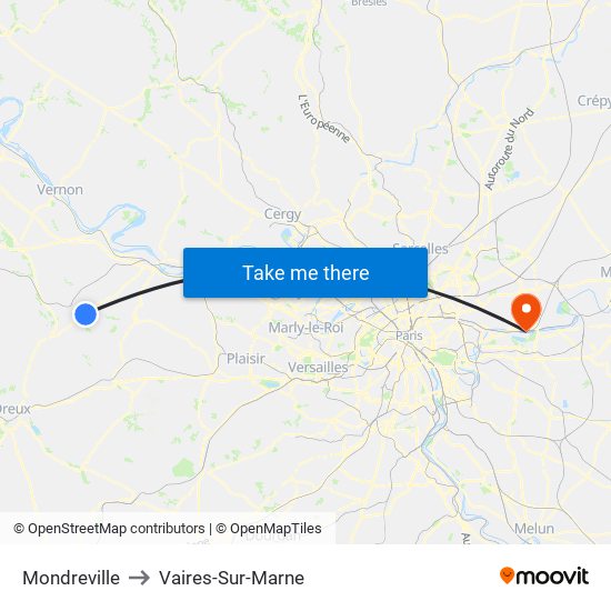 Mondreville to Vaires-Sur-Marne map