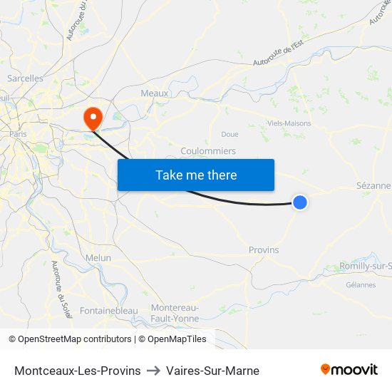 Montceaux-Les-Provins to Vaires-Sur-Marne map