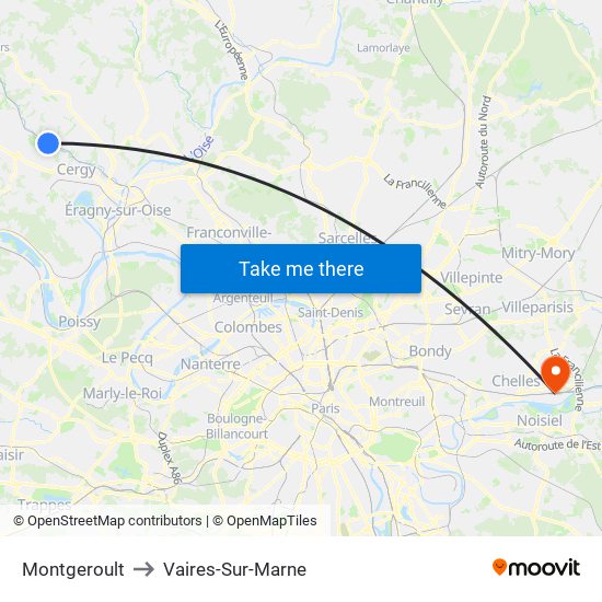 Montgeroult to Vaires-Sur-Marne map