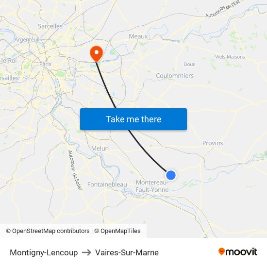 Montigny-Lencoup to Vaires-Sur-Marne map