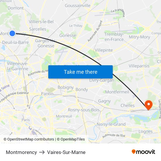 Montmorency to Vaires-Sur-Marne map