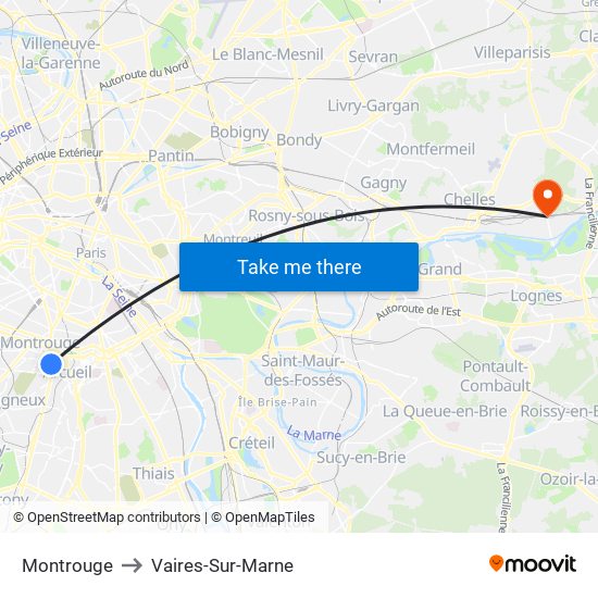 Montrouge to Vaires-Sur-Marne map