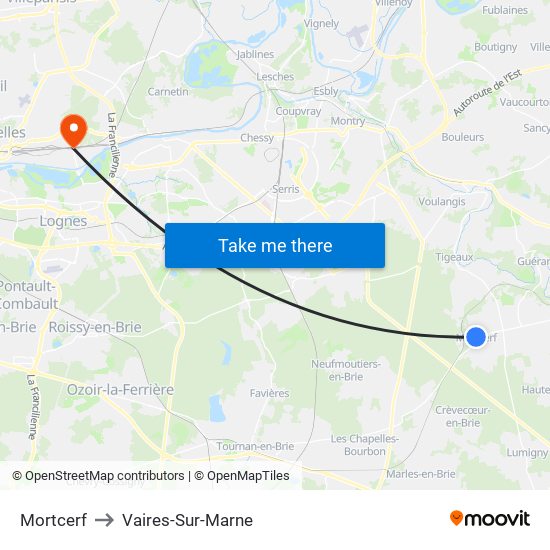 Mortcerf to Vaires-Sur-Marne map