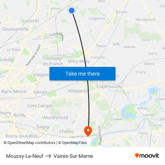 Moussy-Le-Neuf to Vaires-Sur-Marne map