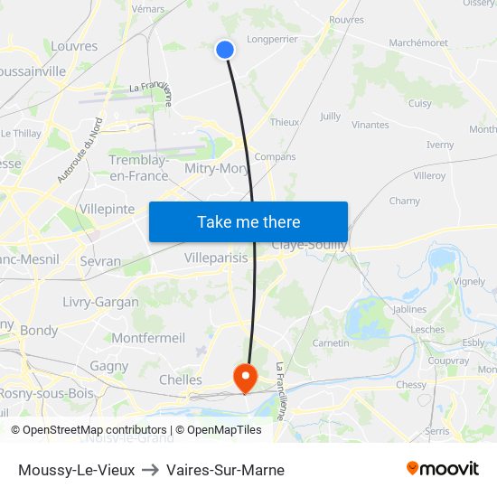 Moussy-Le-Vieux to Vaires-Sur-Marne map