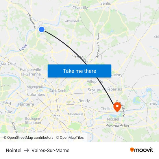 Nointel to Vaires-Sur-Marne map