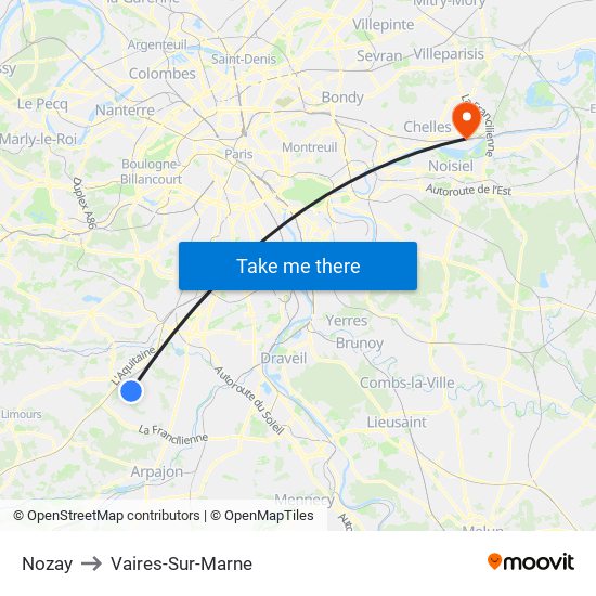 Nozay to Vaires-Sur-Marne map