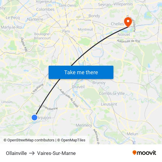 Ollainville to Vaires-Sur-Marne map