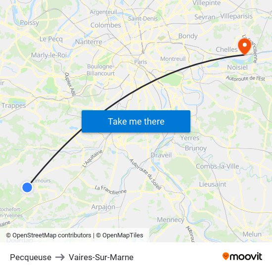 Pecqueuse to Vaires-Sur-Marne map