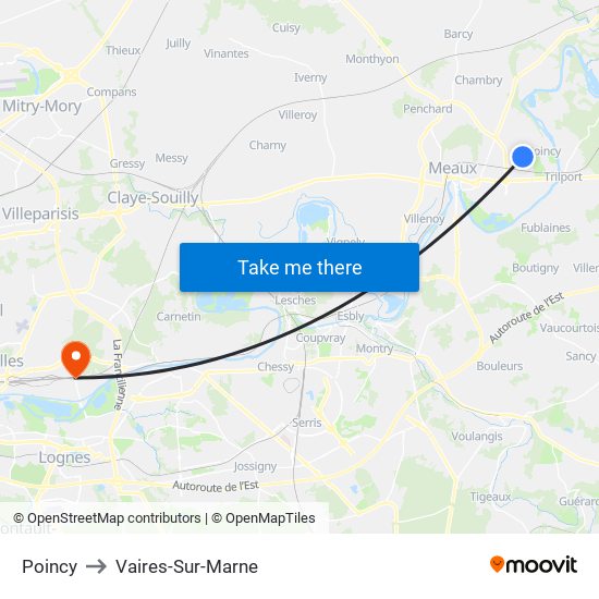 Poincy to Vaires-Sur-Marne map