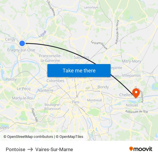 Pontoise to Vaires-Sur-Marne map