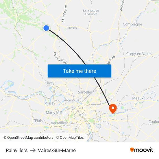 Rainvillers to Vaires-Sur-Marne map