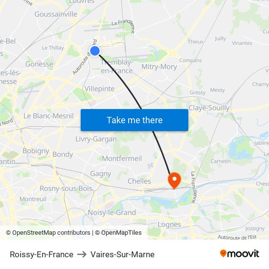 Roissy-En-France to Vaires-Sur-Marne map