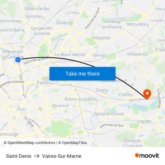 Saint-Denis to Vaires-Sur-Marne map