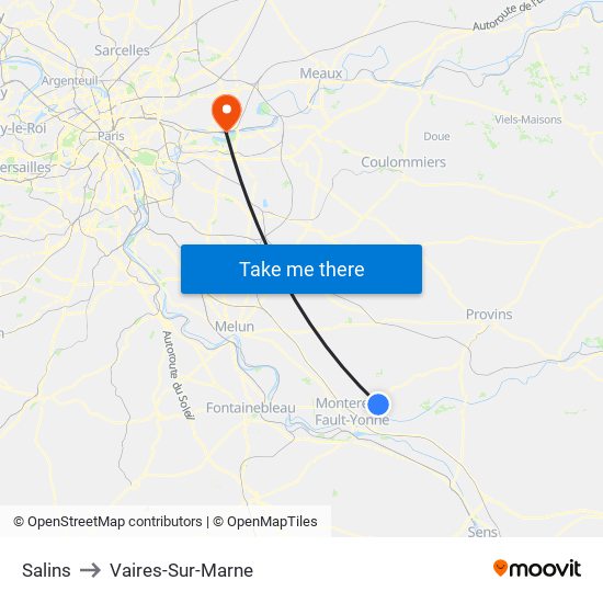 Salins to Vaires-Sur-Marne map