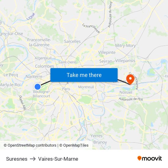 Suresnes to Vaires-Sur-Marne map