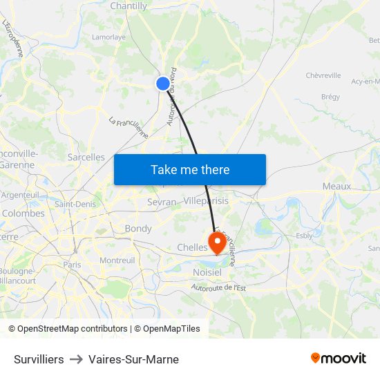 Survilliers to Vaires-Sur-Marne map