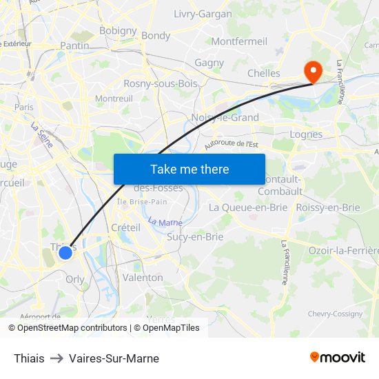 Thiais to Vaires-Sur-Marne map