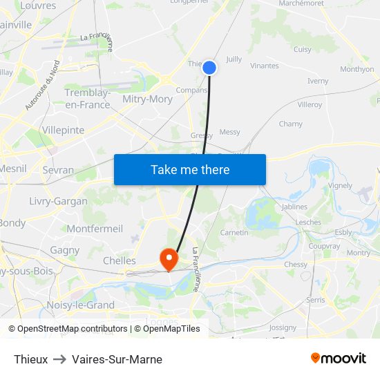Thieux to Vaires-Sur-Marne map