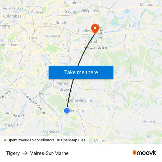 Tigery to Vaires-Sur-Marne map