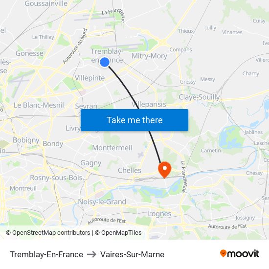 Tremblay-En-France to Vaires-Sur-Marne map