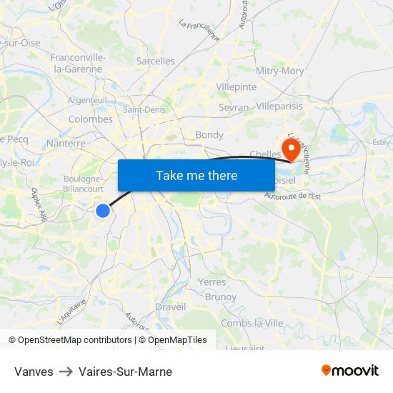 Vanves to Vaires-Sur-Marne map