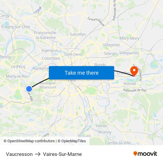 Vaucresson to Vaires-Sur-Marne map