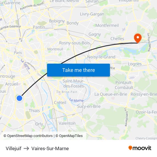 Villejuif to Vaires-Sur-Marne map