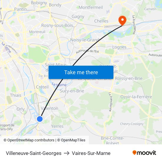 Villeneuve-Saint-Georges to Vaires-Sur-Marne map
