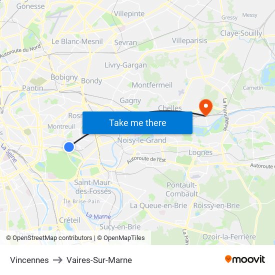 Vincennes to Vaires-Sur-Marne map
