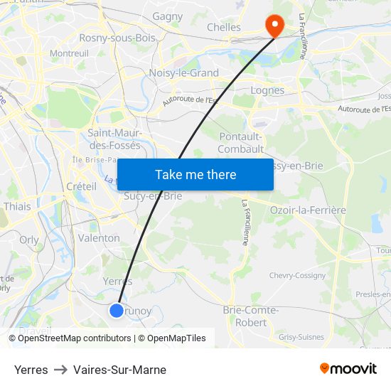 Yerres to Vaires-Sur-Marne map