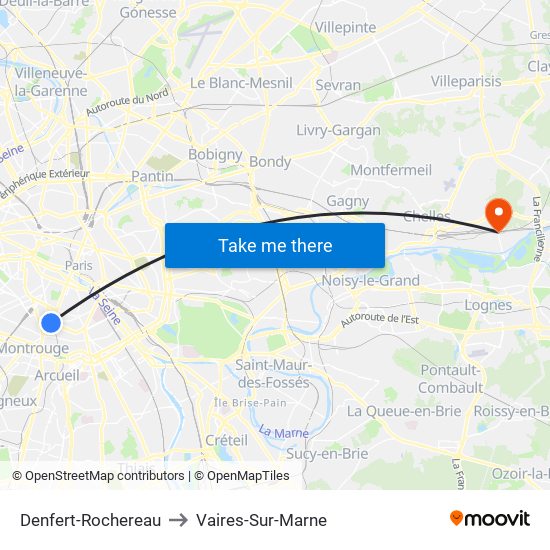 Denfert-Rochereau to Vaires-Sur-Marne map