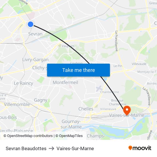 Sevran Beaudottes to Vaires-Sur-Marne map